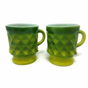 Anchor Hocking Fire King Pedestal Coffee Mugs Green Kimberly Diamond Set of 2